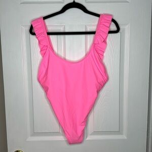 SHEIN Vibrant Pink Ruffled Straps Low Back One Piece Swimsuit. High Cut. Sz M